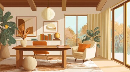 Contemporary home office with mid-century design and bright natural light