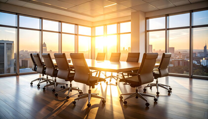 Modern Office Conference Room with Panoramic City Sunset View