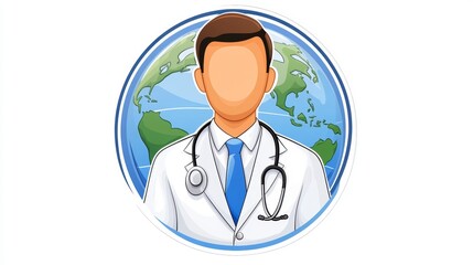 Fototapeta premium Faceless doctor in white coat with stethoscope, global map background.
