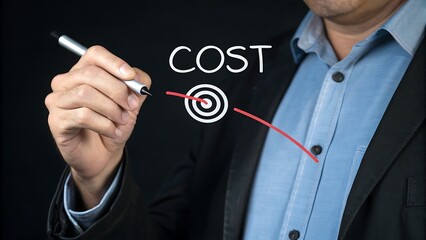Reducing Expenses Concept: Person Illustrates Cost Reduction Strategies with Pen and Target on Black Backdrop.