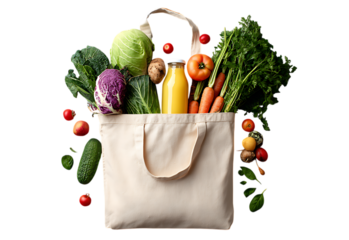 Eco bag with healthy food, an eco friendly concept. Fresh vegetables inside a beige cotton grocery eco-friendly fabric bag, full of fruits, vegetables, juice, or a smoothie.
