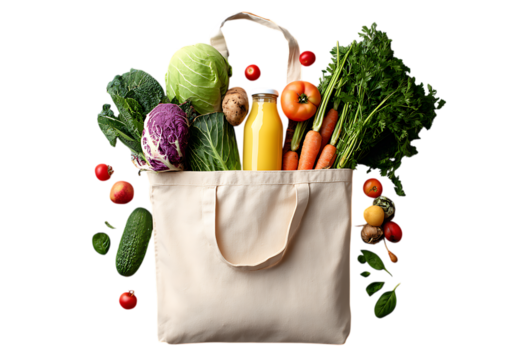 Eco bag with healthy food, an eco friendly concept. Fresh vegetables inside a beige cotton grocery eco-friendly fabric bag, full of fruits, vegetables, juice, or a smoothie.