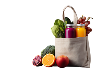 Eco bag with healthy food, an eco friendly concept. Fresh vegetables inside a beige cotton grocery eco-friendly fabric bag, full of fruits, vegetables, juice, or a smoothie.
