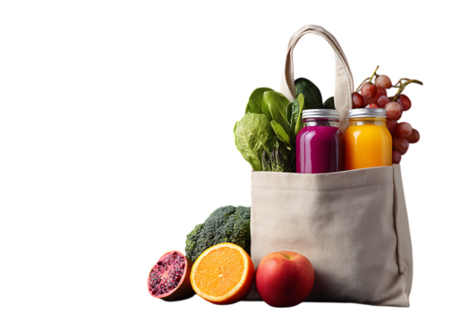 Eco bag with healthy food, an eco friendly concept. Fresh vegetables inside a beige cotton grocery eco-friendly fabric bag, full of fruits, vegetables, juice, or a smoothie.