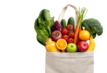 Eco bag with healthy food, an eco friendly concept. Fresh vegetables inside a beige cotton grocery eco-friendly fabric bag, full of fruits, vegetables, juice, or a smoothie.