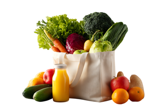 Eco bag with healthy food, an eco friendly concept. Fresh vegetables inside a beige cotton grocery eco-friendly fabric bag, full of fruits, vegetables, juice, or a smoothie. - Powered by Adobe