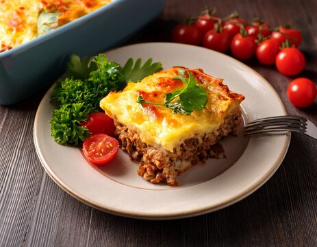 traditional greek moussaka dish served with a side salad of parsley and cherry tomatoes