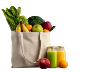 Eco bag with healthy food, an eco friendly concept. Fresh vegetables inside a beige cotton grocery eco-friendly fabric bag, full of fruits, vegetables, juice, or a smoothie.