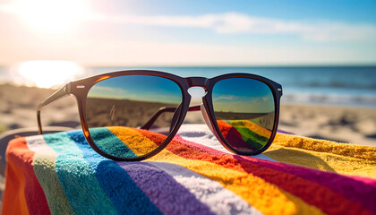 Colorful Striped Beach Towel with Sunglasses Reflecting Ocean