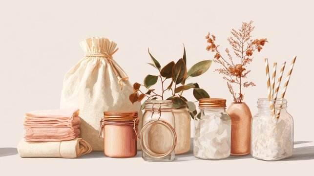 Natural zero waste aesthetic with eco-friendly items in glass jars and fabric bags