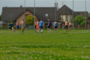 A lively group of energetic young men are enthusiastically playing soccer on a beautifully maintained, lush green field under a bright sky