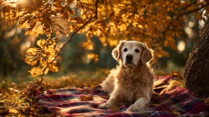 Golden retriever relaxing under autumn foliage on a plaid blanket