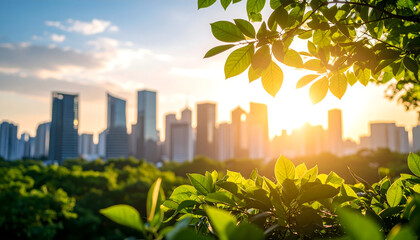 Vibrant Sunset Over City Skyline Viewed Through Lush Green Foliage