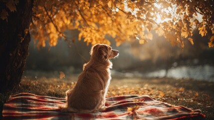 Golden retriever relaxing under autumn foliage by a tranquil lake