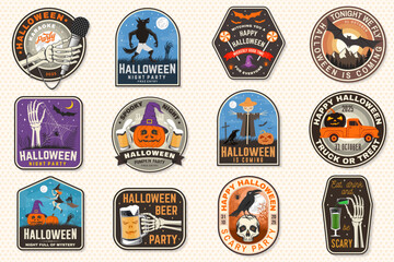Set of Halloween celebration patch collection. Halloween party retro templates, badges, seals, patches. Concept for shirt or logo, print, stamp. Typography design- stock vector. © sivvector