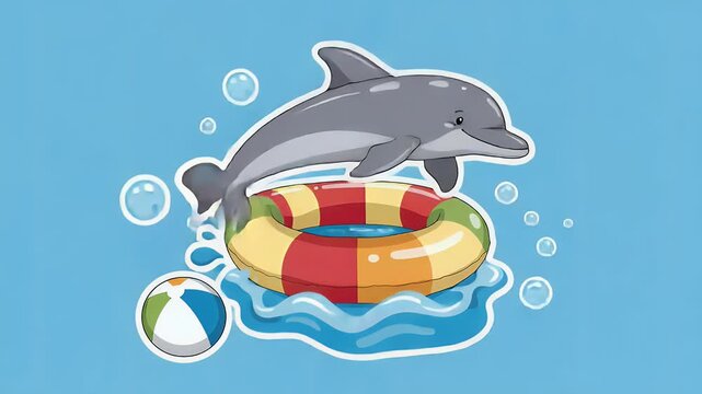 Playful marine mammal leaps over a colorful life preserver in a light blue water environment, next to a beach ball. Cartoon style illustration.