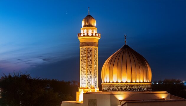 islamic mosque minaret tower lit at night