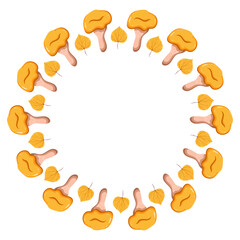 Forest Mushrooms Wreath. Autumn Leaves and Mushrooms Frame. Vector Illustrations.