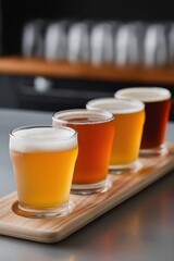 Variety of craft beers in glasses on a wooden flight board