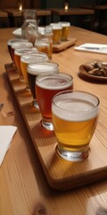 Variety of craft beer flights on wooden table in brewery tasting session