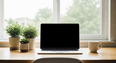 Modern minimalist home office setup with a laptop, indoor plants, coffee mug, and wooden desk by a window with soft daylight