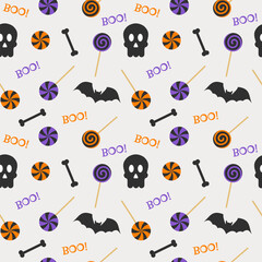 Seamless repeating halloween pattern with candies, skulls, bats and text boo. Vector illustration.