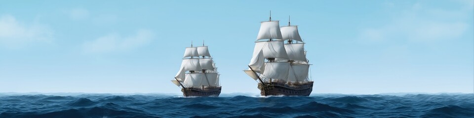 Fototapeta premium Two vintage sailing ships on calm blue sea under clear sky