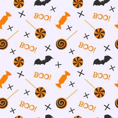 Seamless repeating halloween pattern with orange candies, bats and text boo. Vector illustration.
