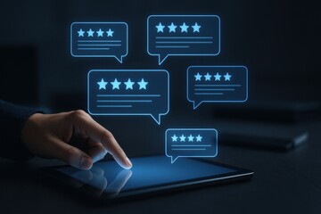 Enhancing Customer Experience Hand Interacting with Tablet Showing Review Bubbles Dark Modern Workspace UX Analysis