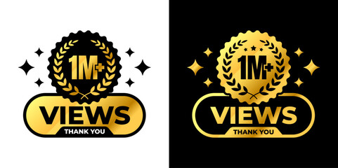 1M Views Badge with Laurel and Thank You Message. For icon, logo, label, insigna, seal, tag, sign, symbol, badge, stamp, sticker, emblem, banner, design, badges, labels, poster. Vector Illustration
