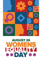 Women's Equality Day in United States. Female holiday, celebrated annually in August 26. Women right history month. Feminism concept. Poster, greeting card, banner and background. Vector illustration