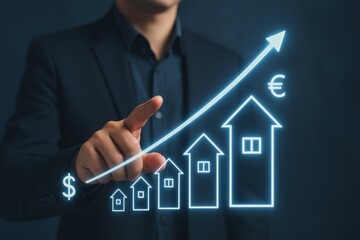 Man Engaging with Virtual Financial Graphs Real Estate Investment Growth Digital Economy Insights Professional Setting