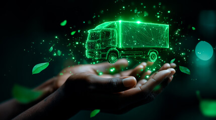 Green glowing holographic cargo truck held between male hands. Eco-friendly logistics concept. Positioned left, with clean black negative space on right for future text overlay.