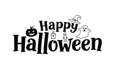 A Halloween greeting with stylized text and spooky icons.