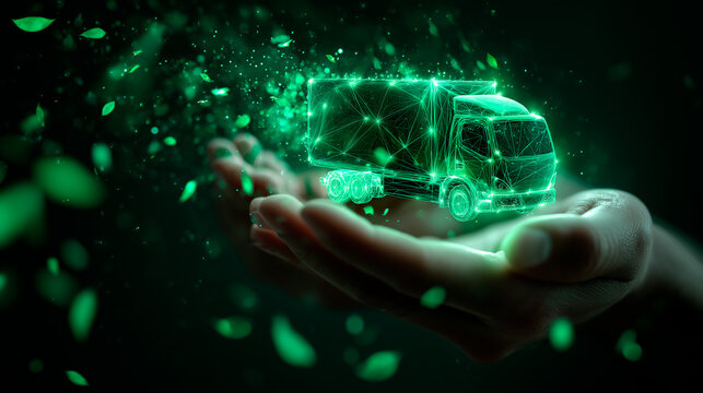 Green glowing holographic cargo truck held between male hands. Eco-friendly logistics concept. Positioned left, with clean black negative space on right for future text overlay.