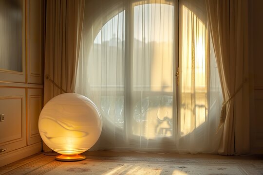 A large, oval window frame with frosted glass, illuminated by soft golden light coming through a nearby lamp in an elegant room 