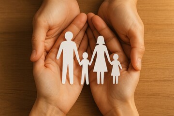 Family Protection through Caregiving Support Warm Wooden Surface Paper Cutout Concept Natural Lighting