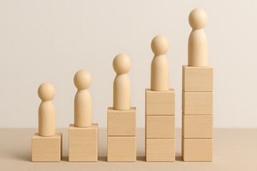 Employee Hierarchy Visualization Wooden Figurines on Stacked Blocks Neutral Studio Setting Concept of Career Progress