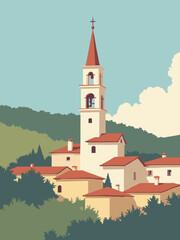 Cinisello Balsamo, Italy &ndash; 20th-century church spire rising above suburban rooftops in cream, rust, olive, and sky blue