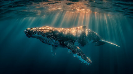 an image of whale in a light ocean, realistic photography