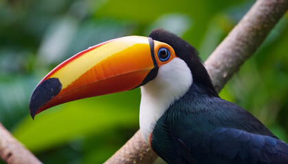 Obraz premium close up of a colorful toucan bird perched on a branch with vibrant green leaves in the background