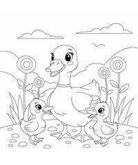Mother Duck & Ducklings Line Art