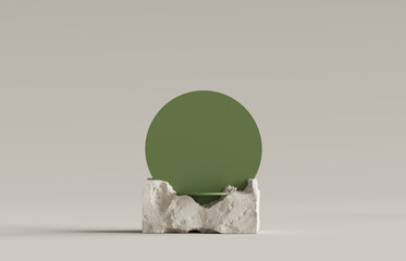 3D podium stone display on pastel beige background. Rock, cosmetic beauty product promotion pedestal with sun shadow and green frame. Nature landscape showcase . Abstract minimal studio 3D render