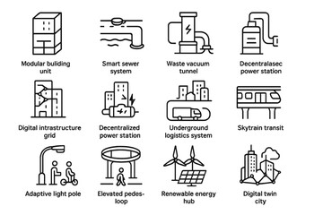 Urban infrastructure icons: buildings, energy, transit, digital systems