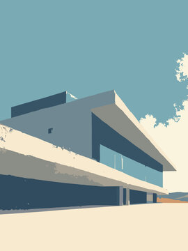 Guidonia Montecelio, Italy &ndash; modern aeronautics museum fa&ccedil;ade against blue sky in steel silver, cobalt, ivory, and shadow gray