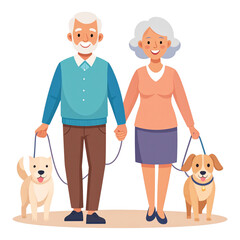 Flat Vector Illustration of Elderly Couple Taking a Walk with Their Pet Dog, Transparent Background