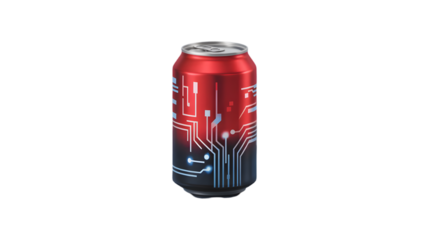 Techno Refreshment: A vibrant, close-up image of a sleek beverage can, intricately adorned with a circuit board design, set against a clean background, symbolizing innovation and technological flair.