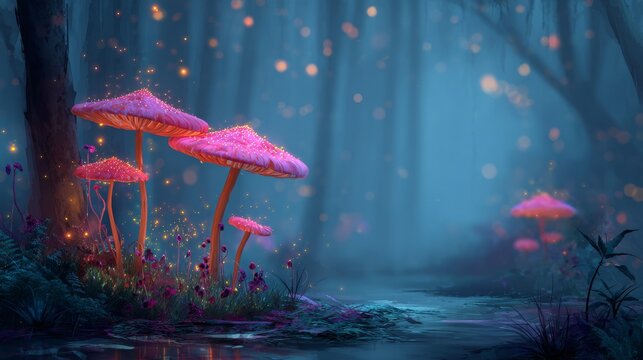 Enchanted forest with glowing mushrooms and mystical atmosphere - Powered by Adobe