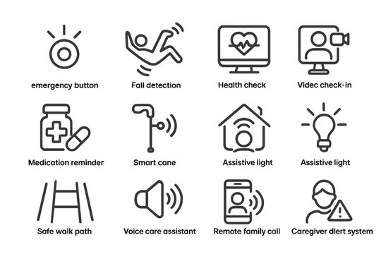 Smart home technology icons for elderly care and safety features