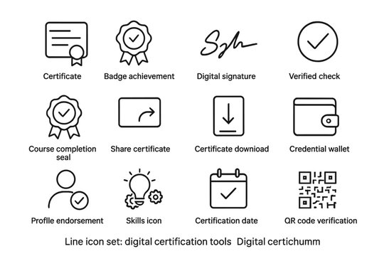 Digital certification tools icon set with symbols for verification and achievement